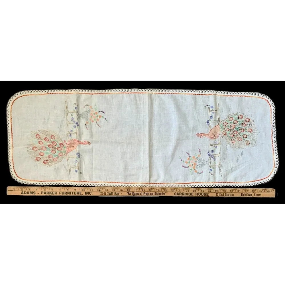 Vintage PEACOCK, Fence & Urn Table Runner Dresser Scarf 36